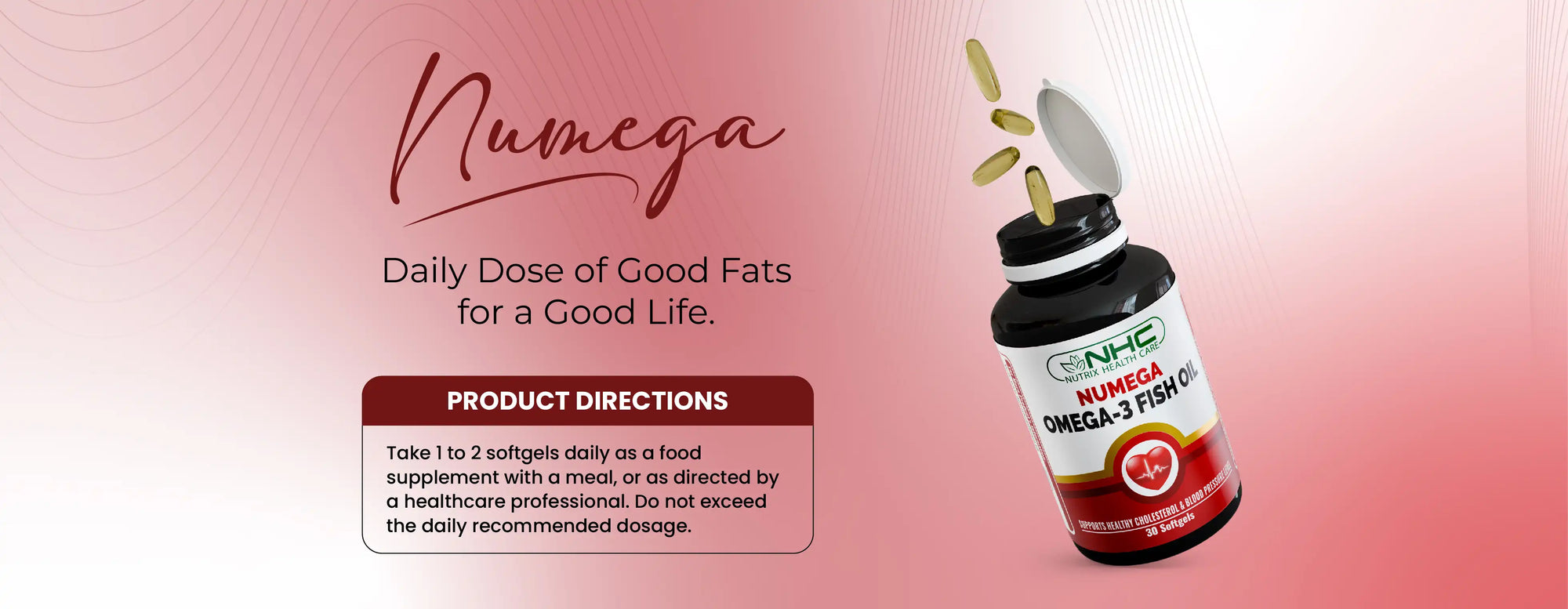 Numega Omega-3 Fish Oil supplement bottle showing directions of use