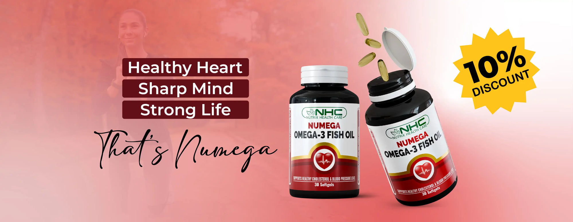 Two bottles of Numega Omega-3 Fish Oil with 10% discount text