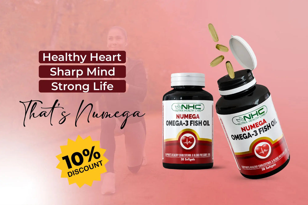 Two bottles of Numega Omega-3 Fish Oil with 10% discount text
